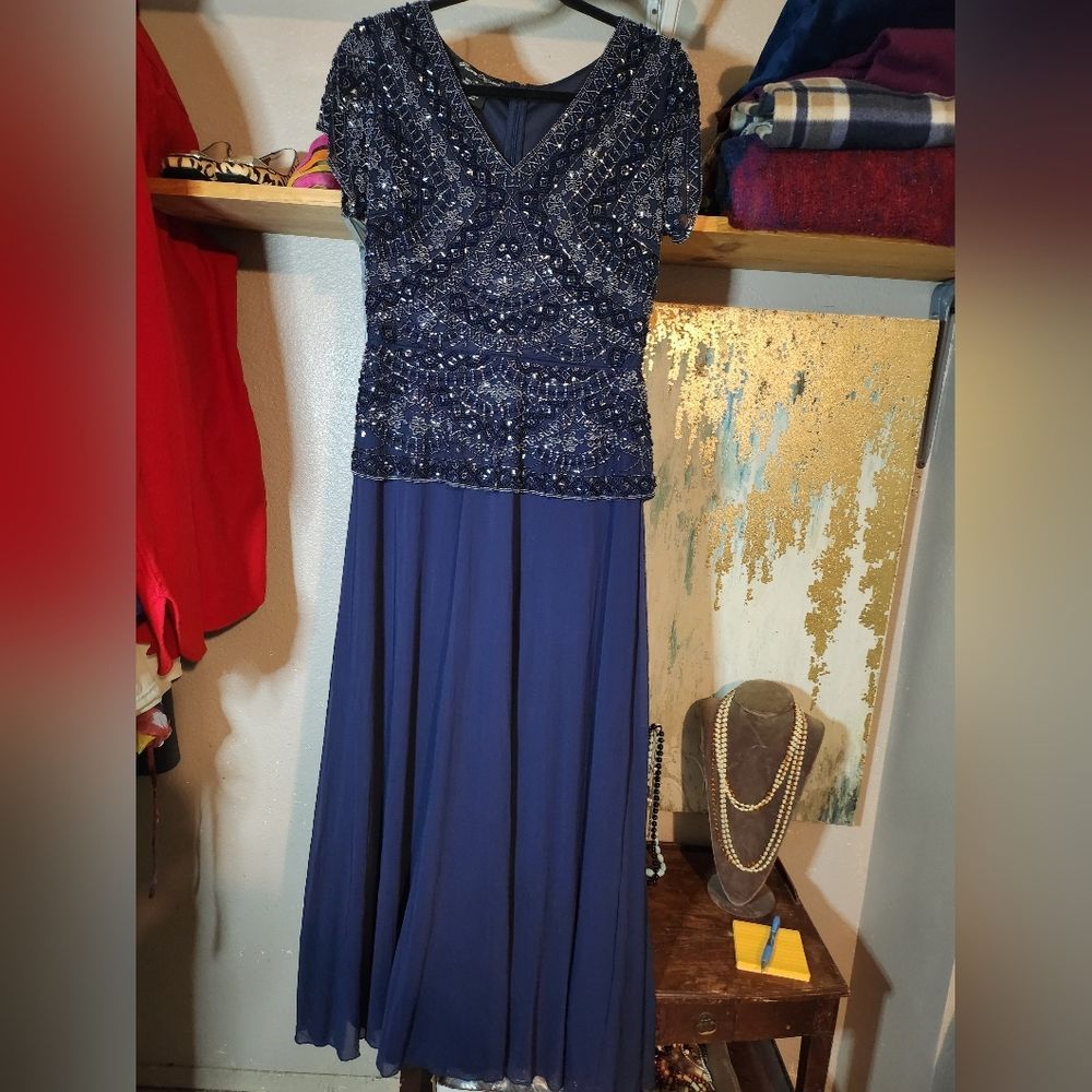 pisarro nights navy beaded dress NWT PISARRO NIGHTS Slate Navy Beaded Mesh Mock Two-Piece Sequined Gown   Periwinkle Packages